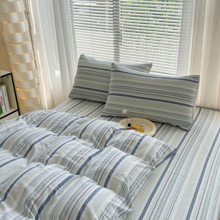 91家纺网 家纺一手货源 找家纺 梦精灵家纺 2026新款全棉纯棉色织水洗棉四件套绗缝夹棉床盖防滑床单四季通用米单人学生宿舍 西蒙-蓝