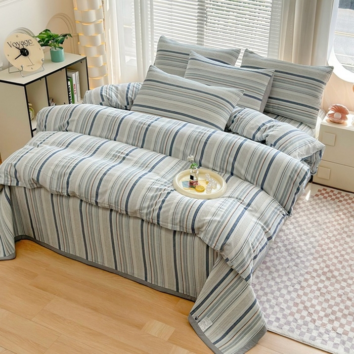 91家纺网 家纺一手货源 找家纺 梦精灵家纺 2026新款全棉纯棉色织水洗棉四件套绗缝夹棉床盖防滑床单四季通用米单人学生宿舍 西蒙-蓝