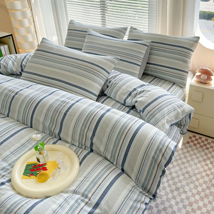 91家纺网 家纺一手货源 找家纺 梦精灵家纺 2026新款全棉纯棉色织水洗棉四件套绗缝夹棉床盖防滑床单四季通用米单人学生宿舍 西蒙-蓝