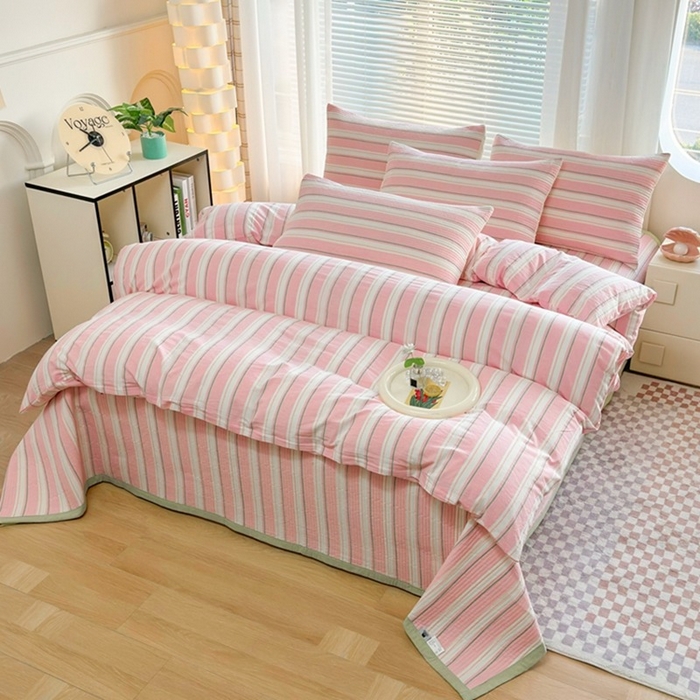 91家纺网 家纺一手货源 找家纺 梦精灵家纺 2026新款全棉纯棉色织水洗棉四件套绗缝夹棉床盖防滑床单四季通用米单人学生宿舍 左岸-粉