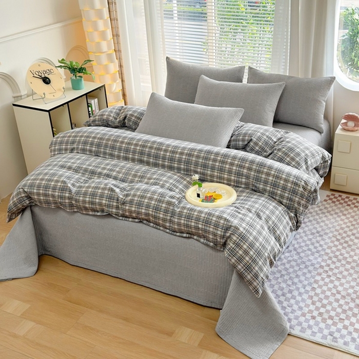 91家纺网 家纺一手货源 找家纺 梦精灵家纺 2026新款全棉纯棉色织水洗棉四件套绗缝夹棉床盖防滑床单四季通用米单人学生宿舍 雅灰