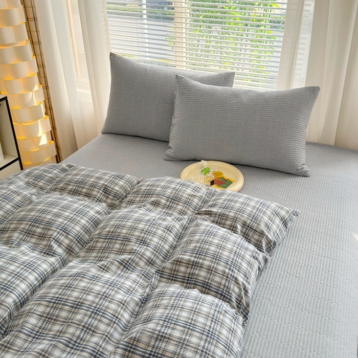 91家纺网 家纺一手货源 找家纺 梦精灵家纺 2026新款全棉纯棉色织水洗棉四件套绗缝夹棉床盖防滑床单四季通用米单人学生宿舍 雅灰