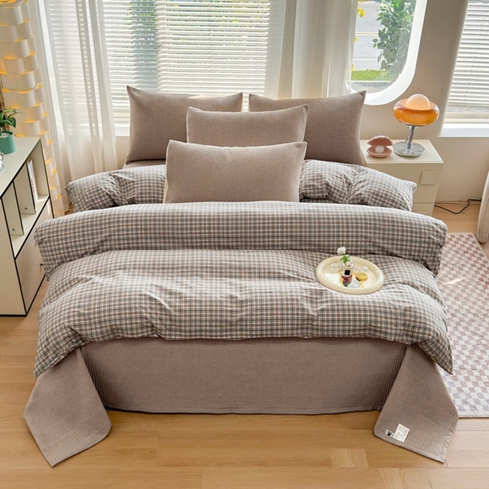梦精灵家纺 2026新款全棉纯棉色织水洗棉四件套绗缝夹棉床盖防滑床单四季通用米单人学生宿舍 棕咖