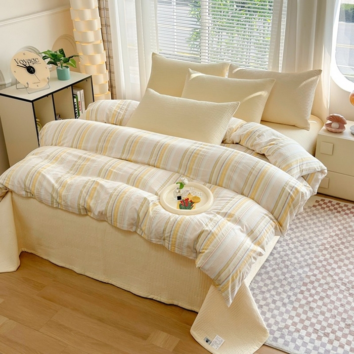 91家纺网 家纺一手货源 找家纺 梦精灵家纺 2026新款全棉纯棉色织水洗棉四件套绗缝夹棉床盖防滑床单四季通用米单人学生宿舍 鹅黄