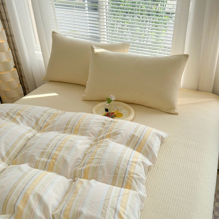 91家纺网 家纺一手货源 找家纺 梦精灵家纺 2026新款全棉纯棉色织水洗棉四件套绗缝夹棉床盖防滑床单四季通用米单人学生宿舍 鹅黄