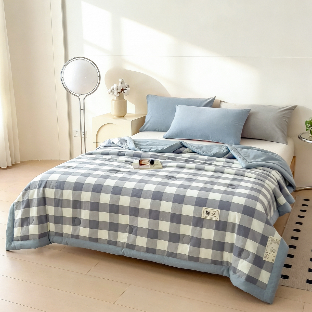 91家纺网 家纺一手货源 找家纺 好尚居 2026新款亲肤水洗棉格子夏被夏凉被空调被 蓝小格