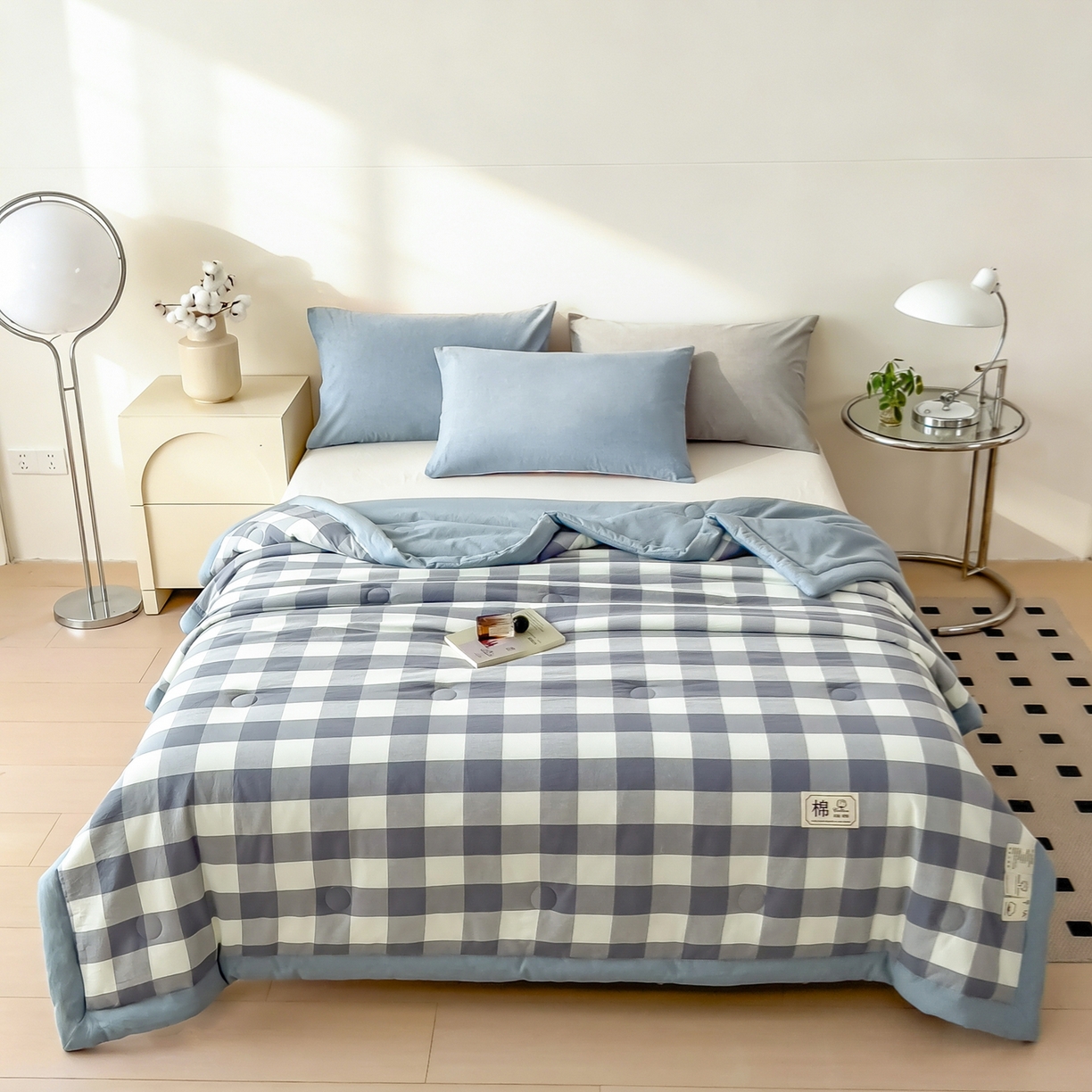 91家纺网 家纺一手货源 找家纺 好尚居 2026新款亲肤水洗棉格子夏被夏凉被空调被 蓝小格