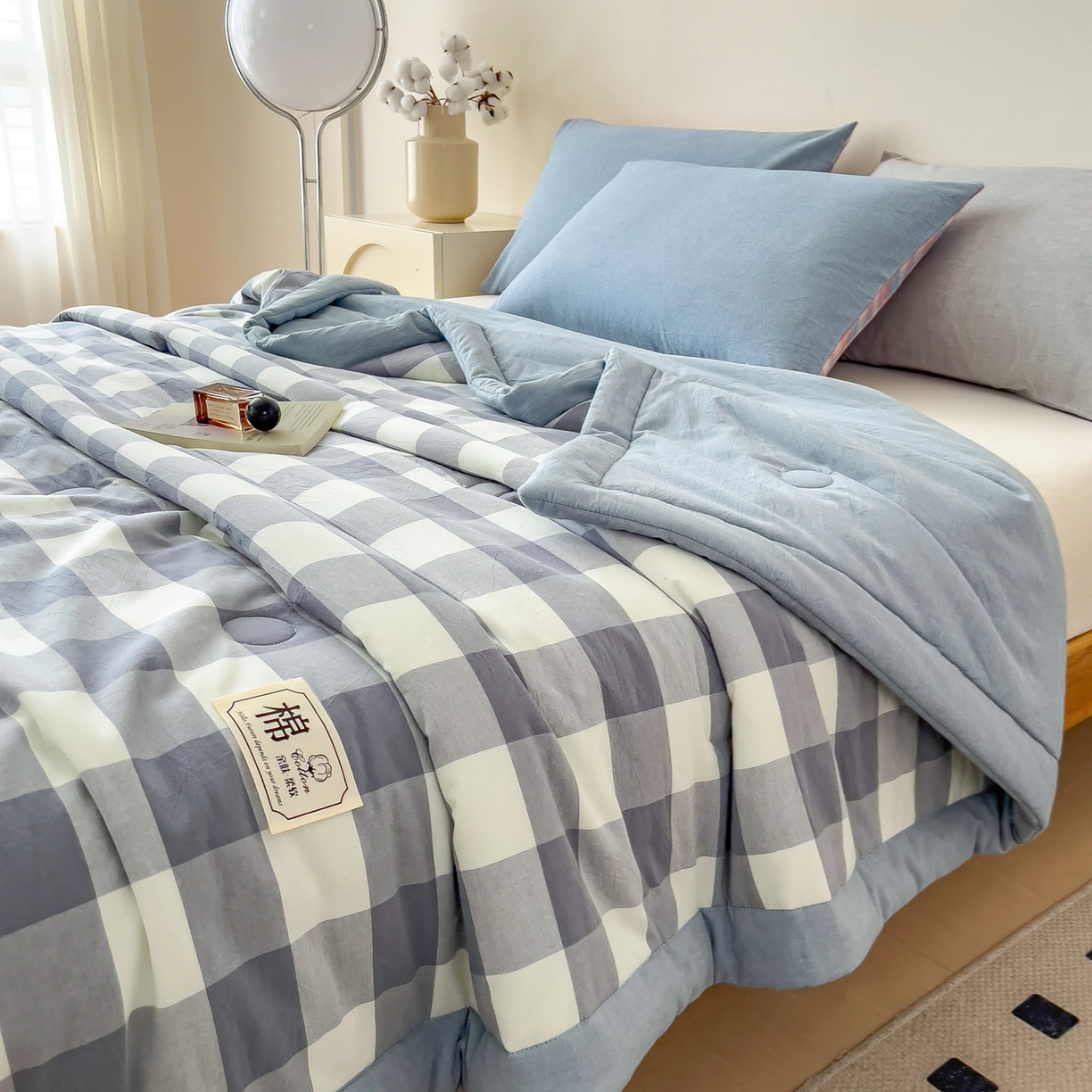 91家纺网 家纺一手货源 找家纺 好尚居 2026新款亲肤水洗棉格子夏被夏凉被空调被 蓝小格