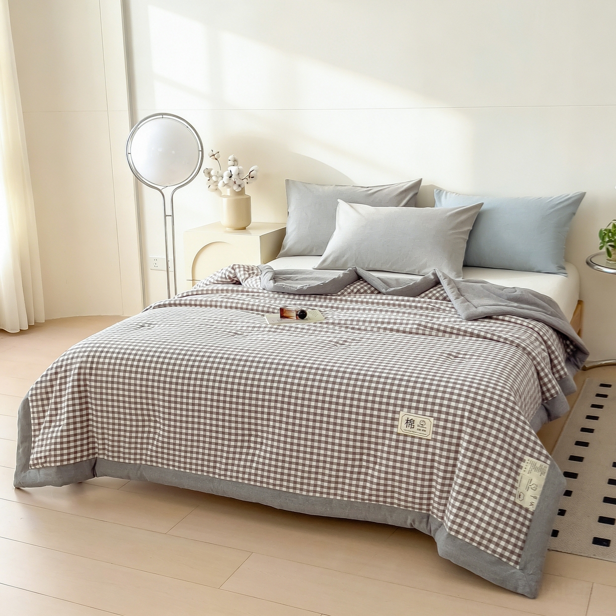 91家纺网 家纺一手货源 找家纺 好尚居 2026新款亲肤水洗棉格子夏被夏凉被空调被 灰小格