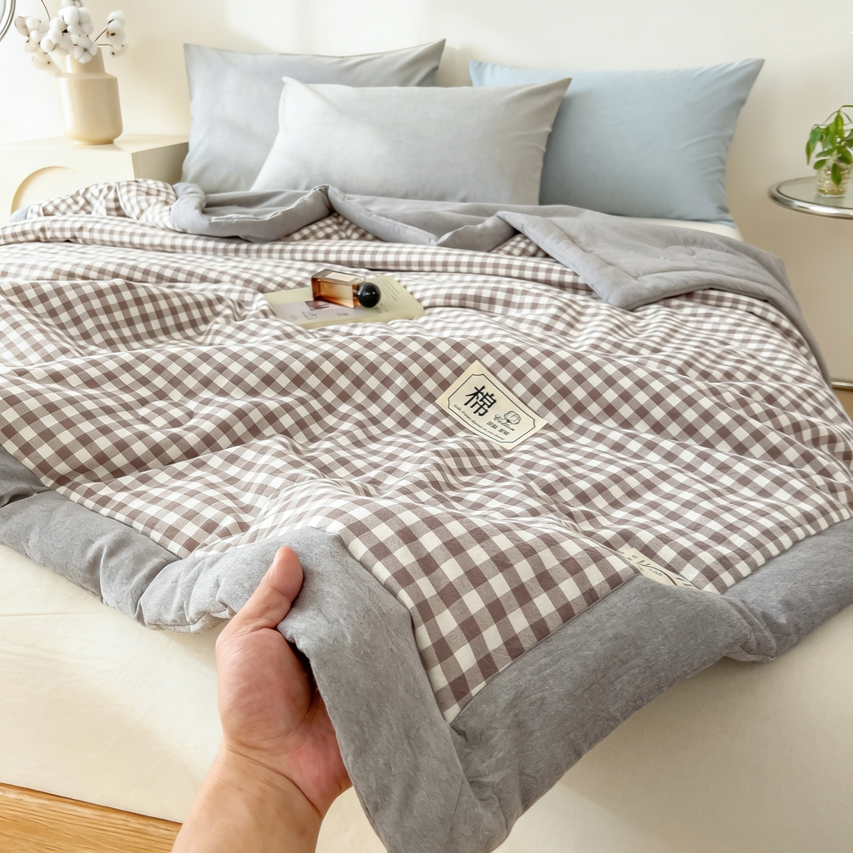 91家纺网 家纺一手货源 找家纺 好尚居 2026新款亲肤水洗棉格子夏被夏凉被空调被 灰小格