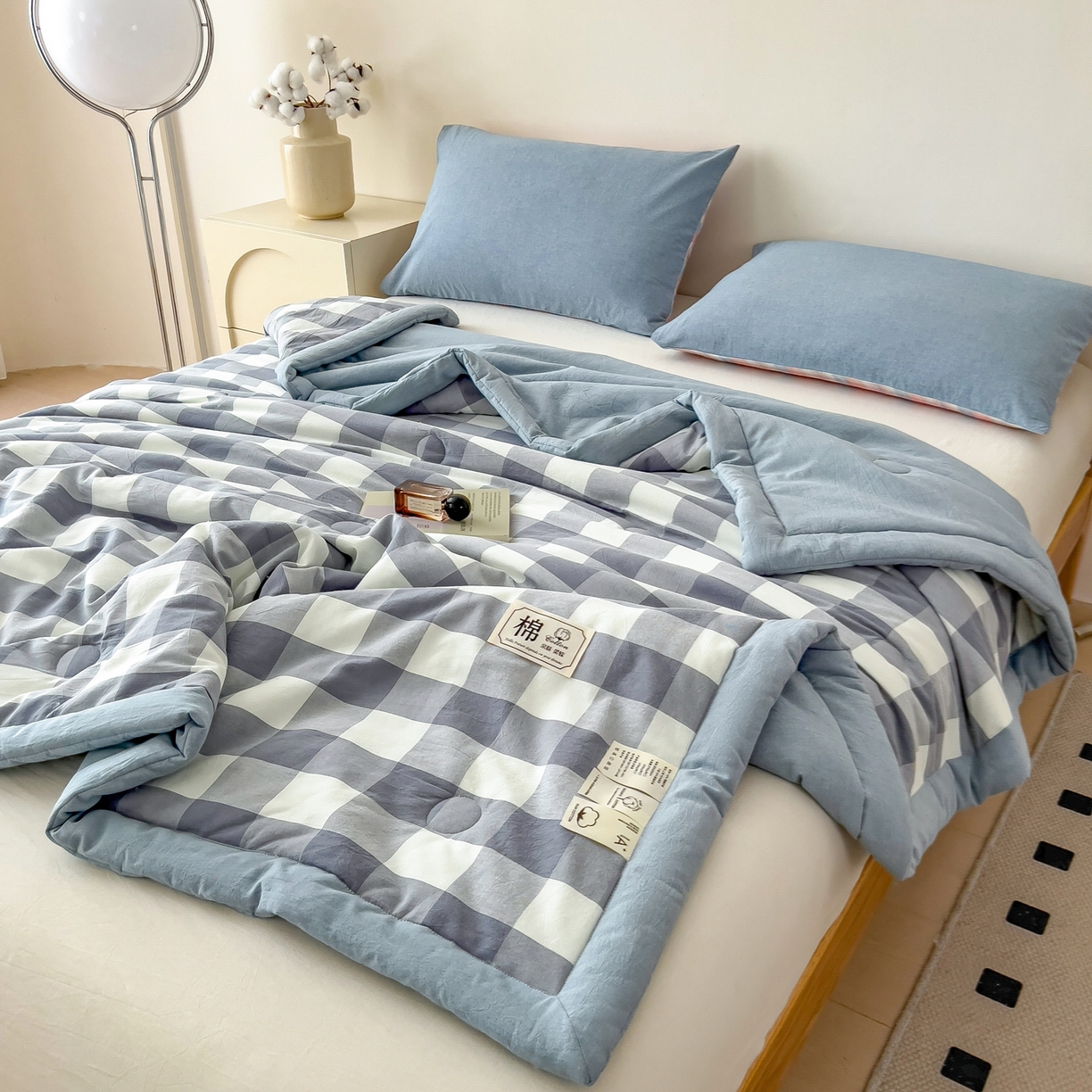 91家纺网 家纺一手货源 找家纺 好尚居 2026新款亲肤水洗棉格子夏被夏凉被空调被 蓝小格