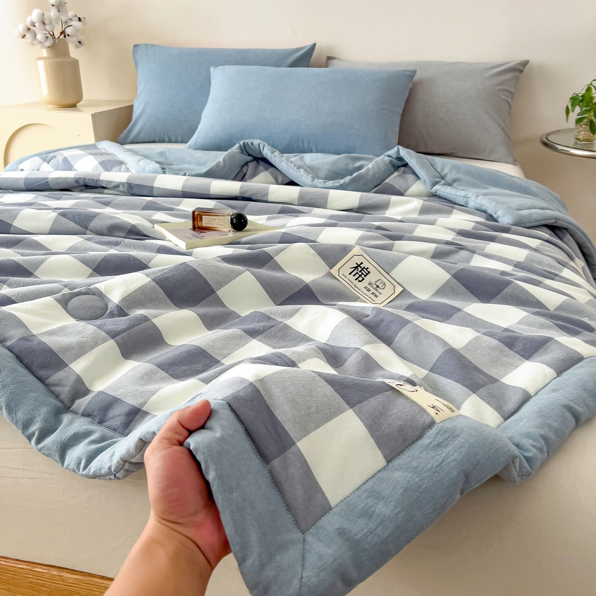 91家纺网 家纺一手货源 找家纺 好尚居 2026新款亲肤水洗棉格子夏被夏凉被空调被 蓝小格
