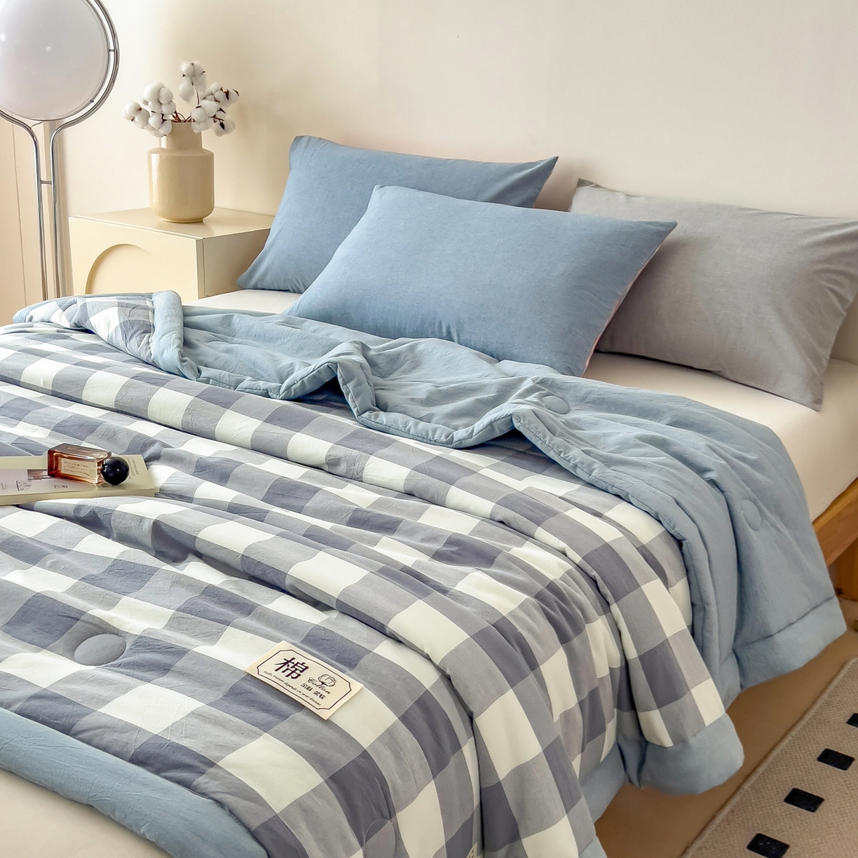 91家纺网 家纺一手货源 找家纺 好尚居 2026新款亲肤水洗棉格子夏被夏凉被空调被 蓝小格