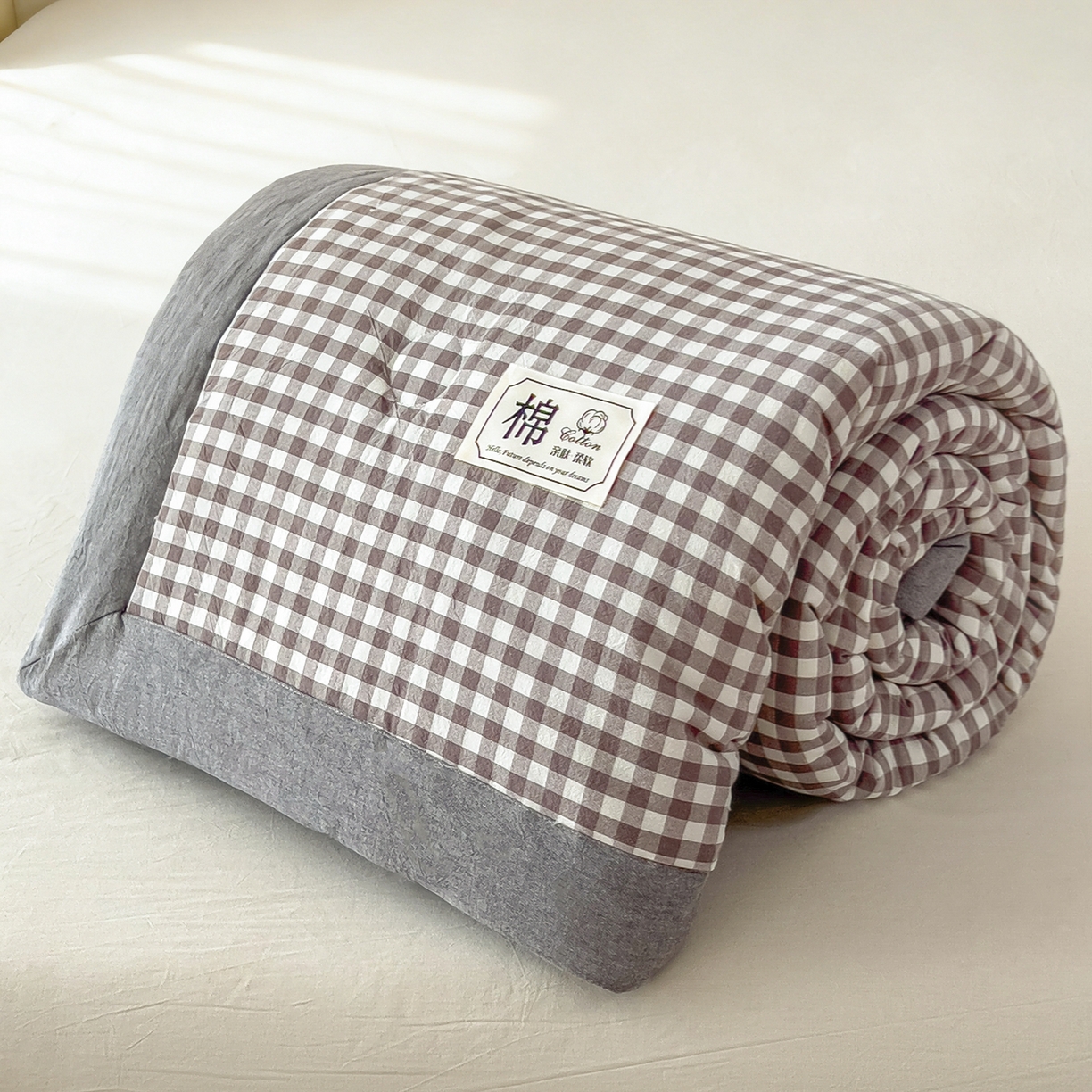 91家纺网 家纺一手货源 找家纺 好尚居 2026新款亲肤水洗棉格子夏被夏凉被空调被 灰小格