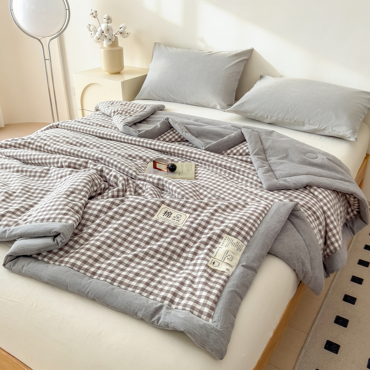 91家纺网 家纺一手货源 找家纺 好尚居 2026新款亲肤水洗棉格子夏被夏凉被空调被 灰小格
