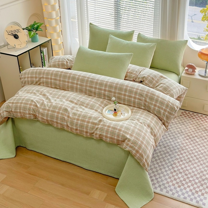 91家纺网 家纺一手货源 找家纺 梦精灵家纺 2026新款全棉纯棉色织水洗棉四件套绗缝夹棉床盖防滑床单四季通用米单人学生宿舍 幻影绿