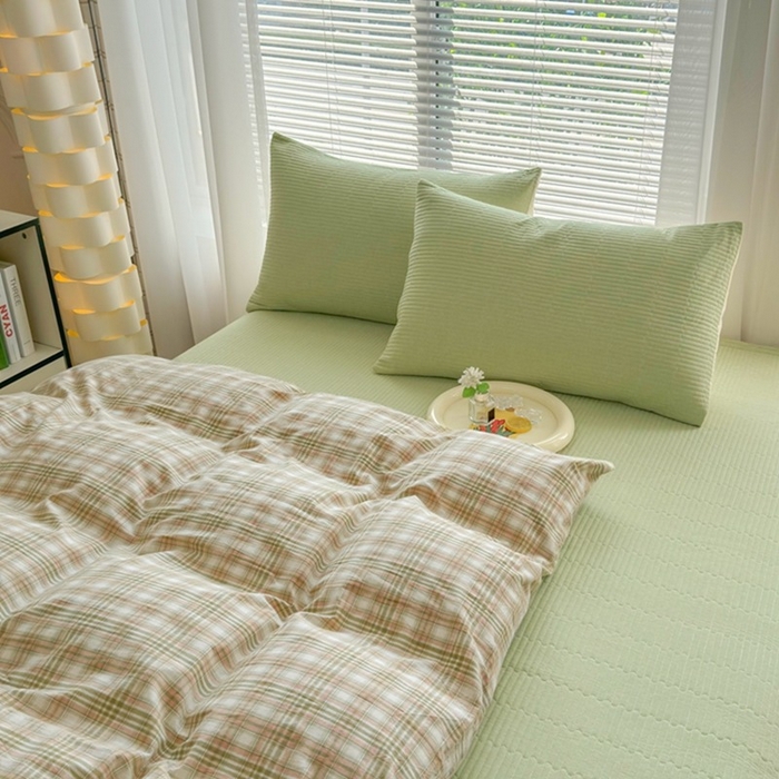 91家纺网 家纺一手货源 找家纺 梦精灵家纺 2026新款全棉纯棉色织水洗棉四件套绗缝夹棉床盖防滑床单四季通用米单人学生宿舍 幻影绿