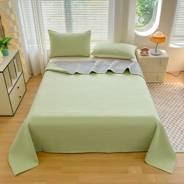 91家纺网 家纺一手货源 找家纺 梦精灵家纺 2026新款全棉纯棉色织水洗棉四件套绗缝夹棉床盖防滑床单四季通用米单人学生宿舍 幻影绿