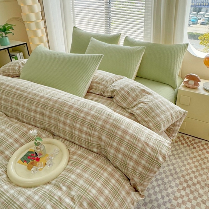 91家纺网 家纺一手货源 找家纺 梦精灵家纺 2026新款全棉纯棉色织水洗棉四件套绗缝夹棉床盖防滑床单四季通用米单人学生宿舍 幻影绿