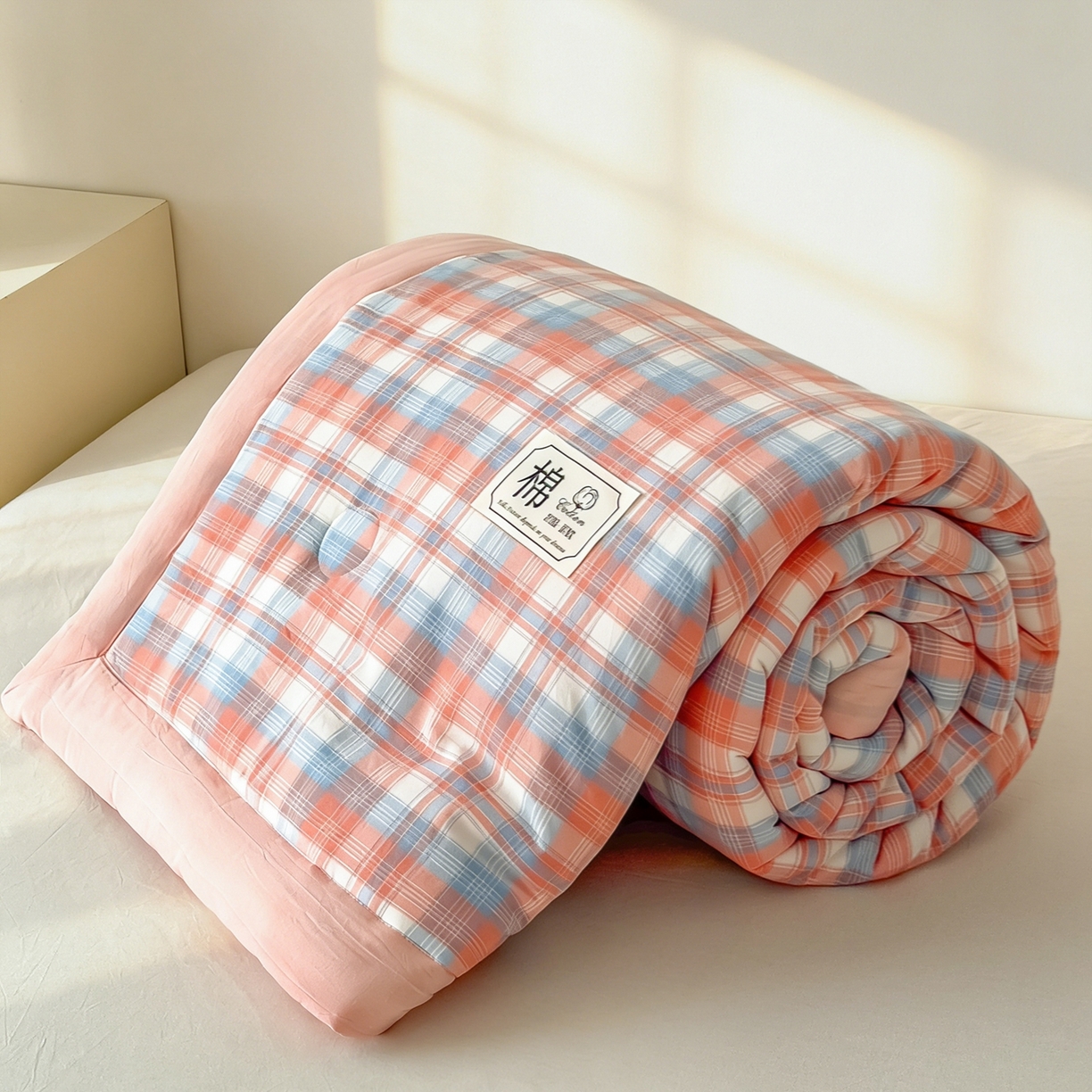 91家纺网 家纺一手货源 找家纺 好尚居 2026新款亲肤水洗棉格子夏被夏凉被空调被 雅致粉