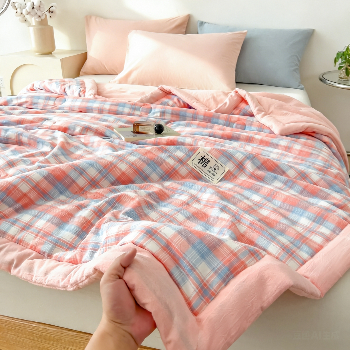 91家纺网 家纺一手货源 找家纺 好尚居 2026新款亲肤水洗棉格子夏被夏凉被空调被 雅致粉
