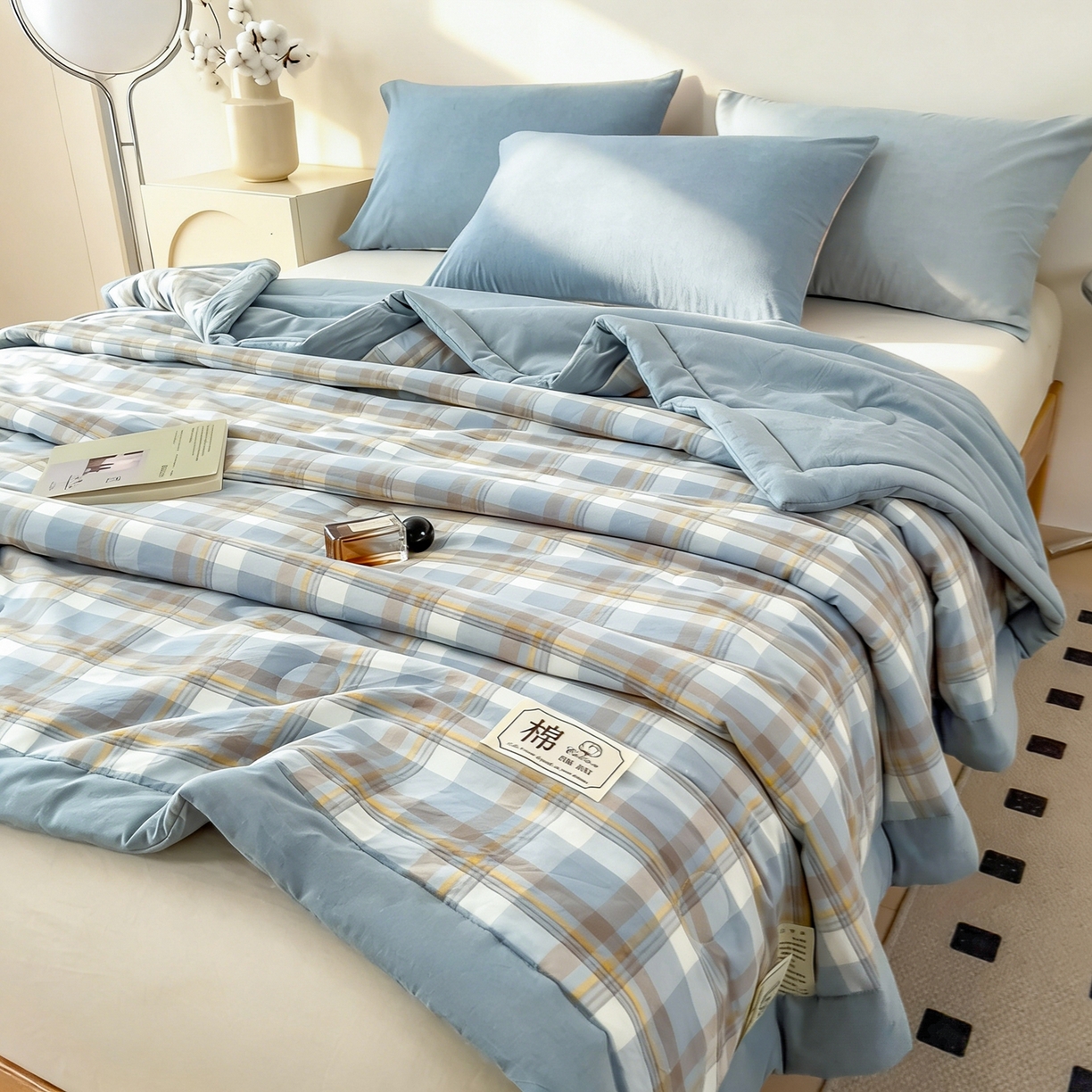 91家纺网 家纺一手货源 找家纺 好尚居 2026新款亲肤水洗棉格子夏被夏凉被空调被 雅致蓝