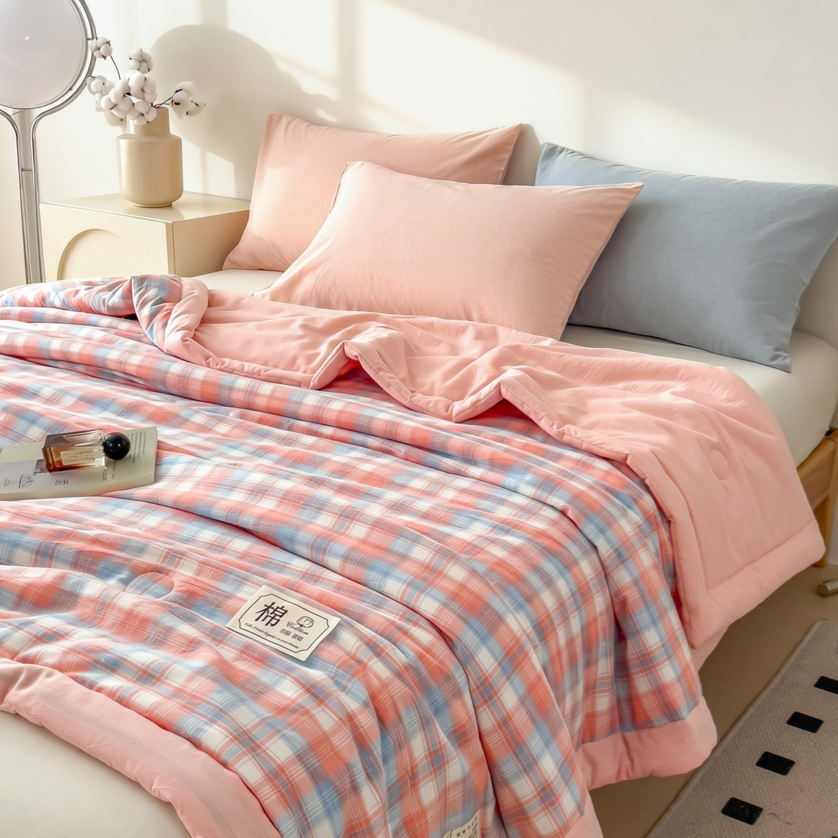 91家纺网 家纺一手货源 找家纺 好尚居 2026新款亲肤水洗棉格子夏被夏凉被空调被 雅致粉