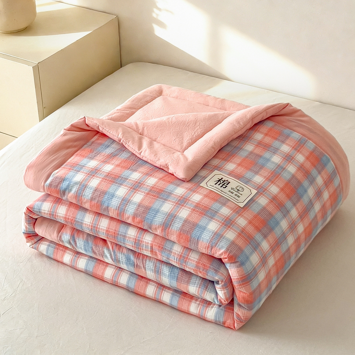 91家纺网 家纺一手货源 找家纺 好尚居 2026新款亲肤水洗棉格子夏被夏凉被空调被 雅致粉