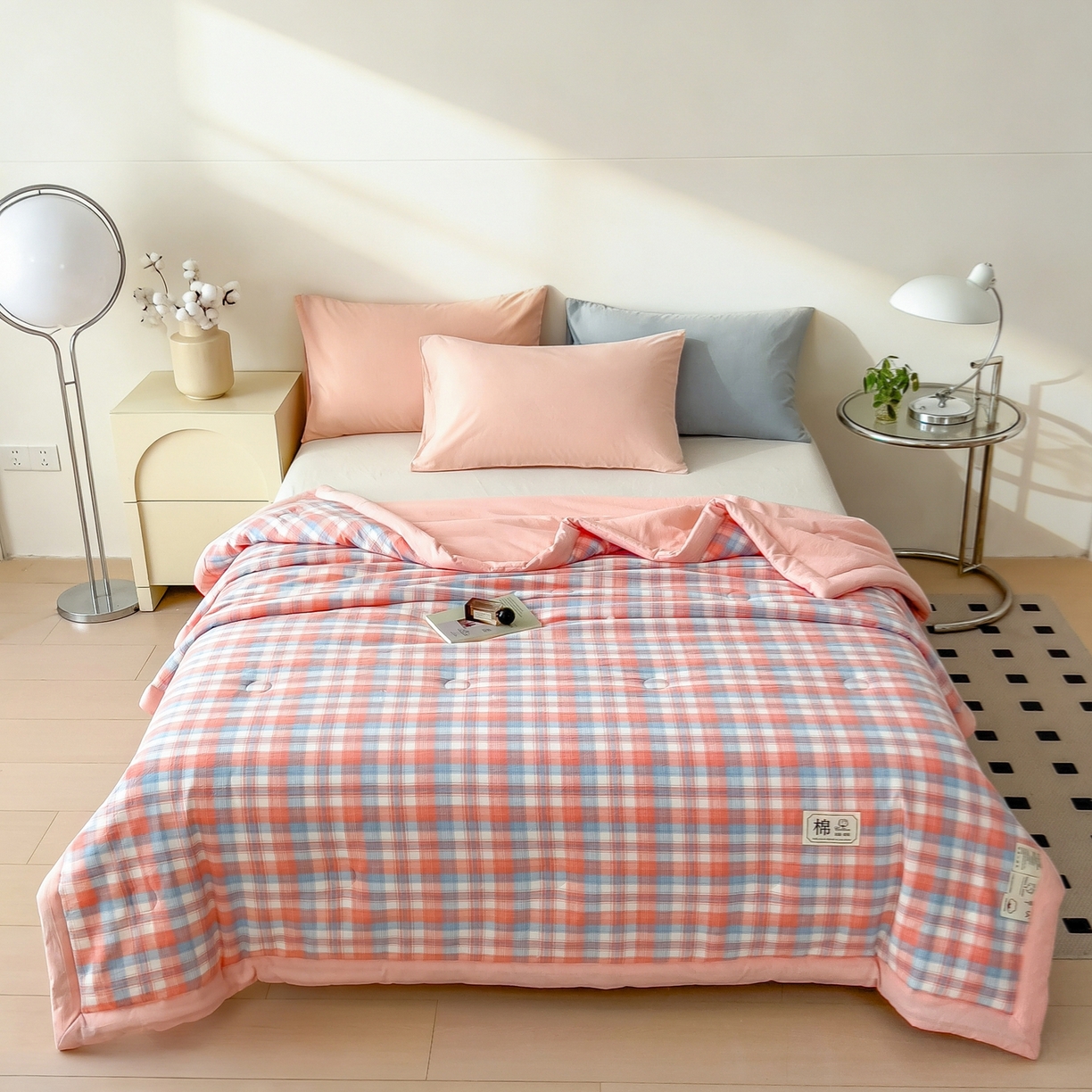 91家纺网 家纺一手货源 找家纺 好尚居 2026新款亲肤水洗棉格子夏被夏凉被空调被 雅致粉