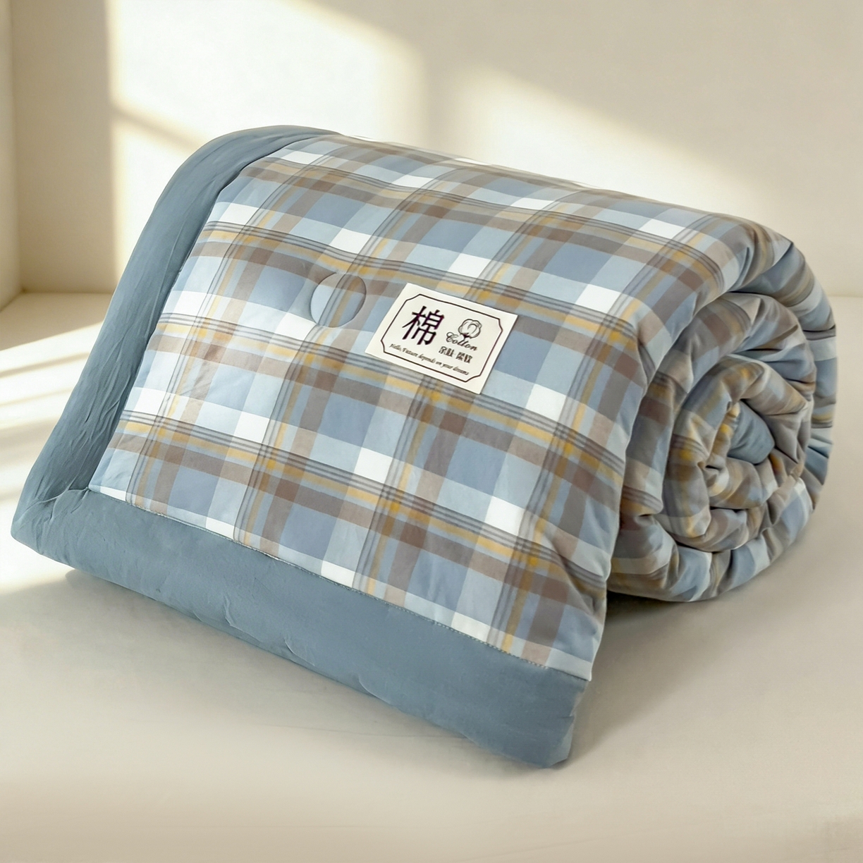 91家纺网 家纺一手货源 找家纺 好尚居 2026新款亲肤水洗棉格子夏被夏凉被空调被 雅致蓝
