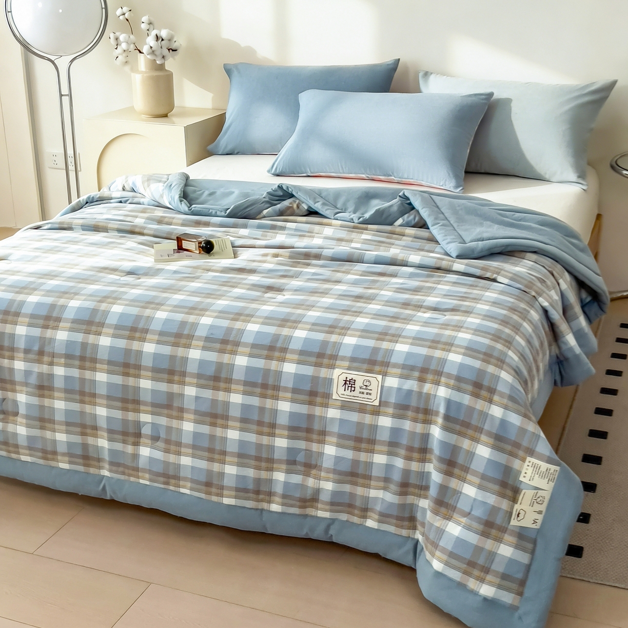 91家纺网 家纺一手货源 找家纺 好尚居 2026新款亲肤水洗棉格子夏被夏凉被空调被 雅致蓝