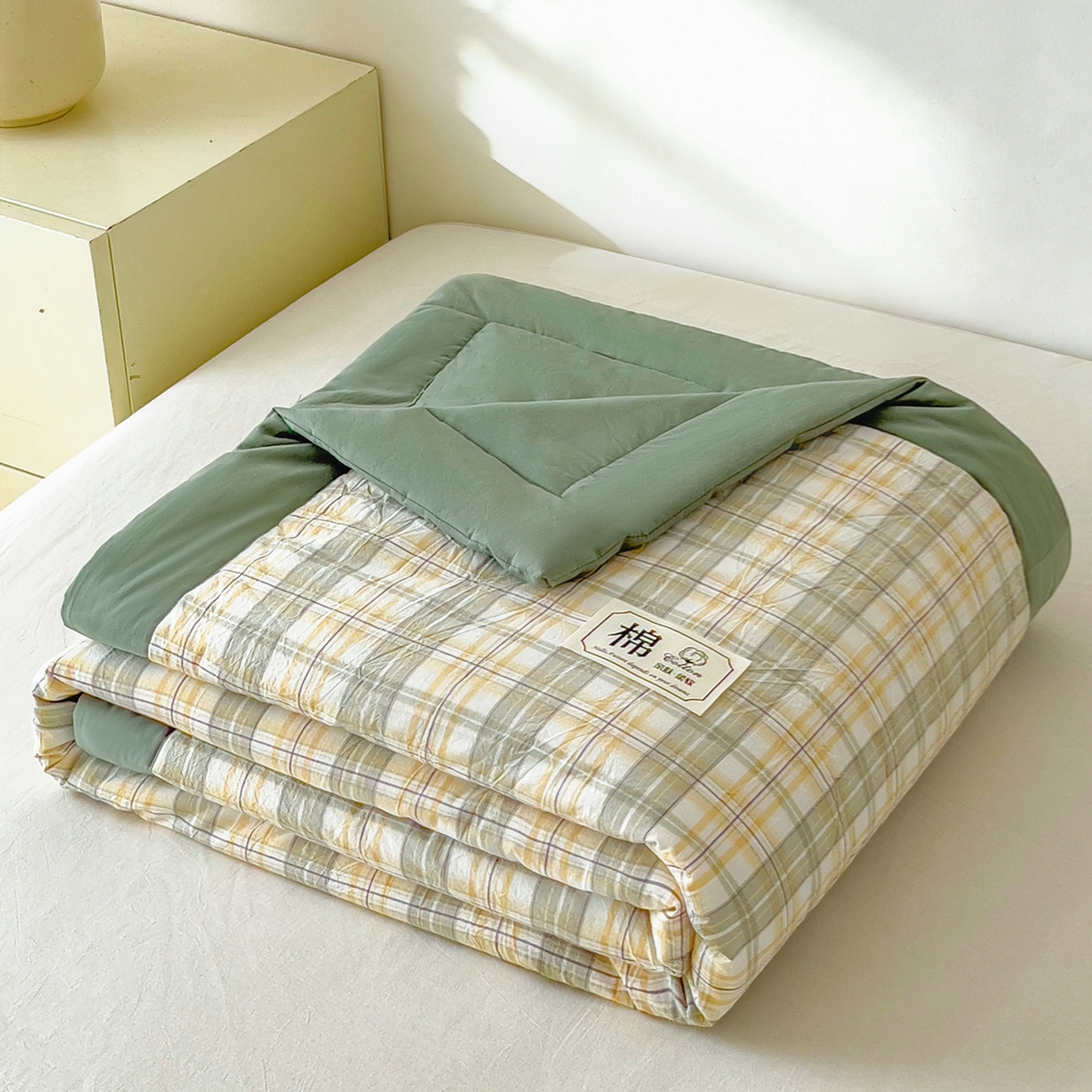 91家纺网 家纺一手货源 找家纺 好尚居 2026新款亲肤水洗棉格子夏被夏凉被空调被 翠绿格