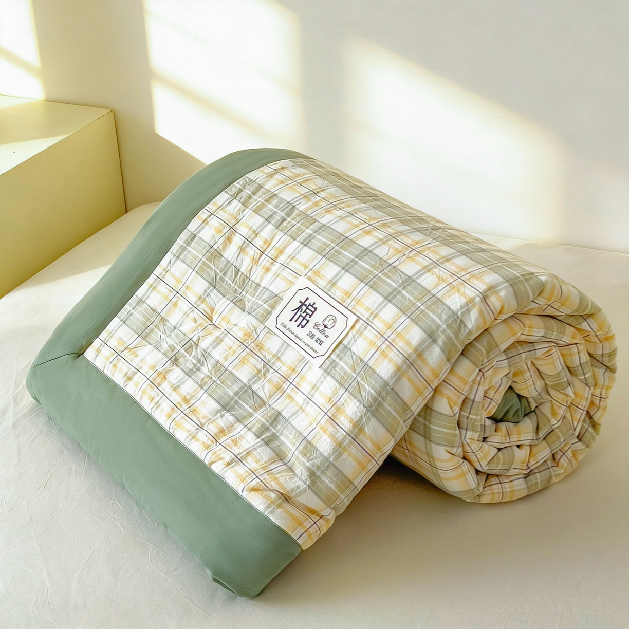 91家纺网 家纺一手货源 找家纺 好尚居 2026新款亲肤水洗棉格子夏被夏凉被空调被 翠绿格