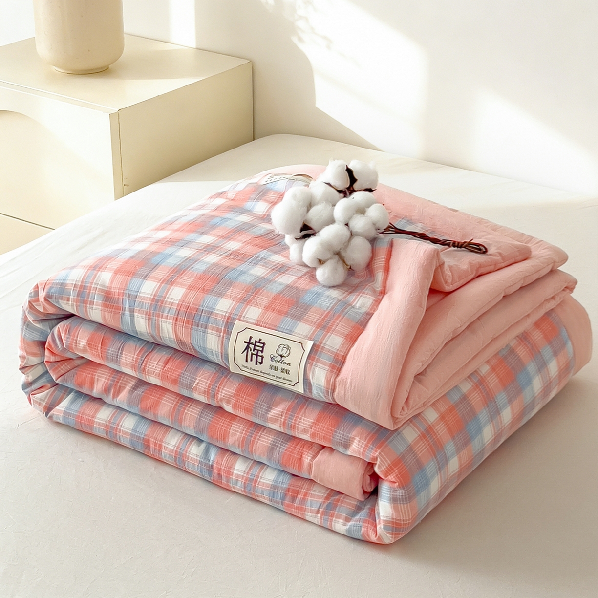 好尚居 2026新款亲肤水洗棉格子夏被夏凉被空调被 雅致粉