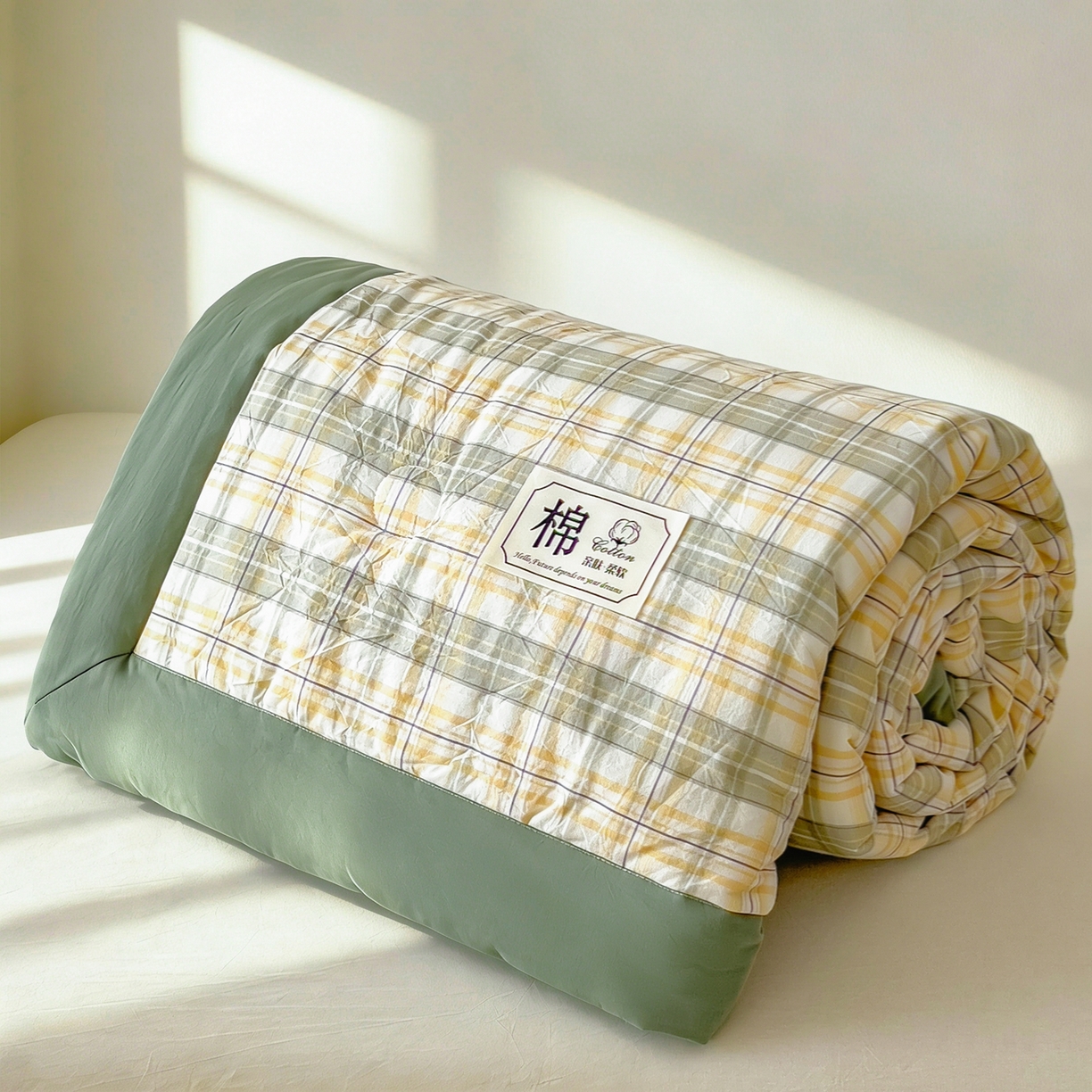 91家纺网 家纺一手货源 找家纺 好尚居 2026新款亲肤水洗棉格子夏被夏凉被空调被 翠绿格