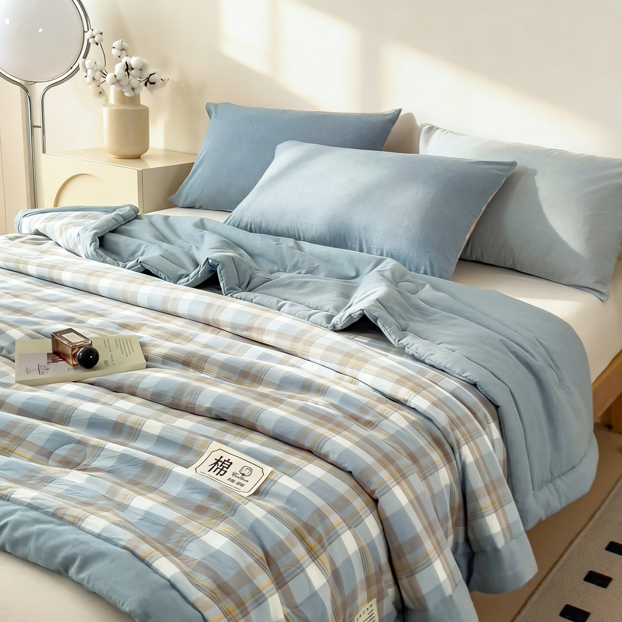 91家纺网 家纺一手货源 找家纺 好尚居 2026新款亲肤水洗棉格子夏被夏凉被空调被 雅致蓝