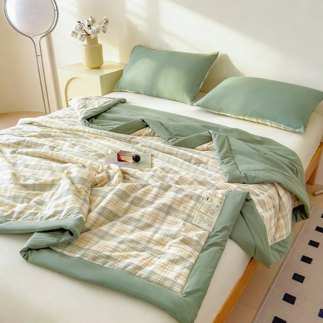91家纺网 家纺一手货源 找家纺 好尚居 2026新款亲肤水洗棉格子夏被夏凉被空调被 翠绿格