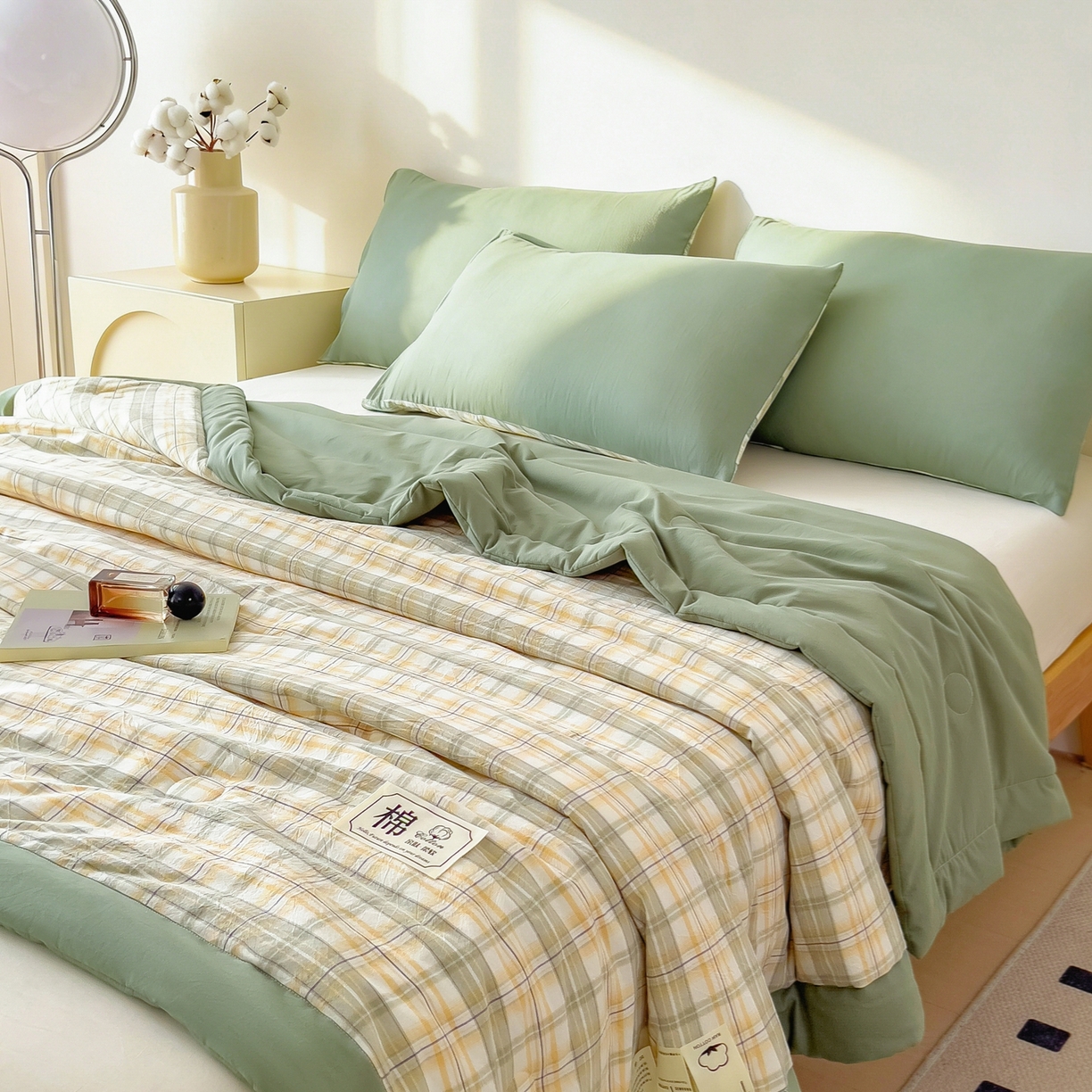 91家纺网 家纺一手货源 找家纺 好尚居 2026新款亲肤水洗棉格子夏被夏凉被空调被 翠绿格
