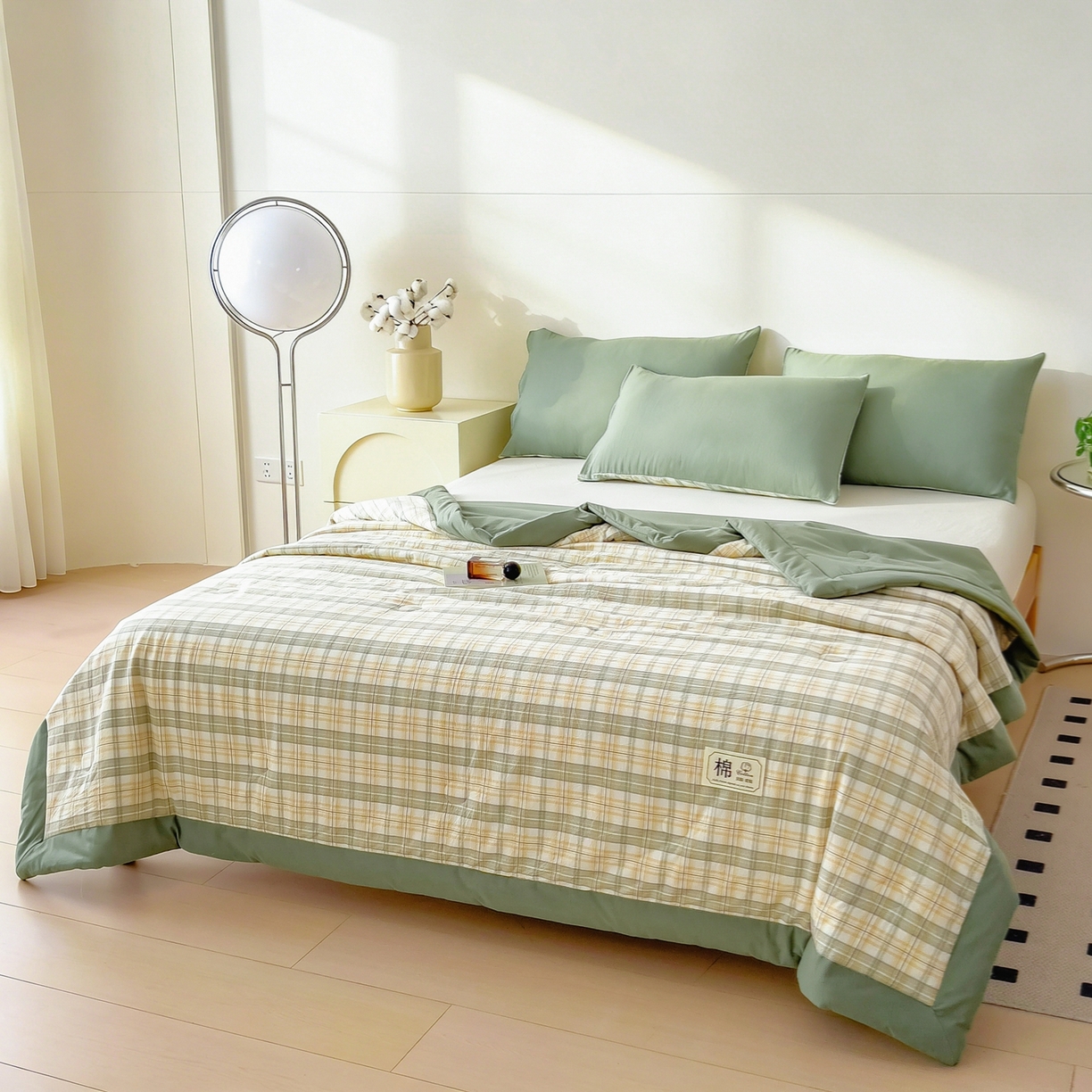 91家纺网 家纺一手货源 找家纺 好尚居 2026新款亲肤水洗棉格子夏被夏凉被空调被 翠绿格