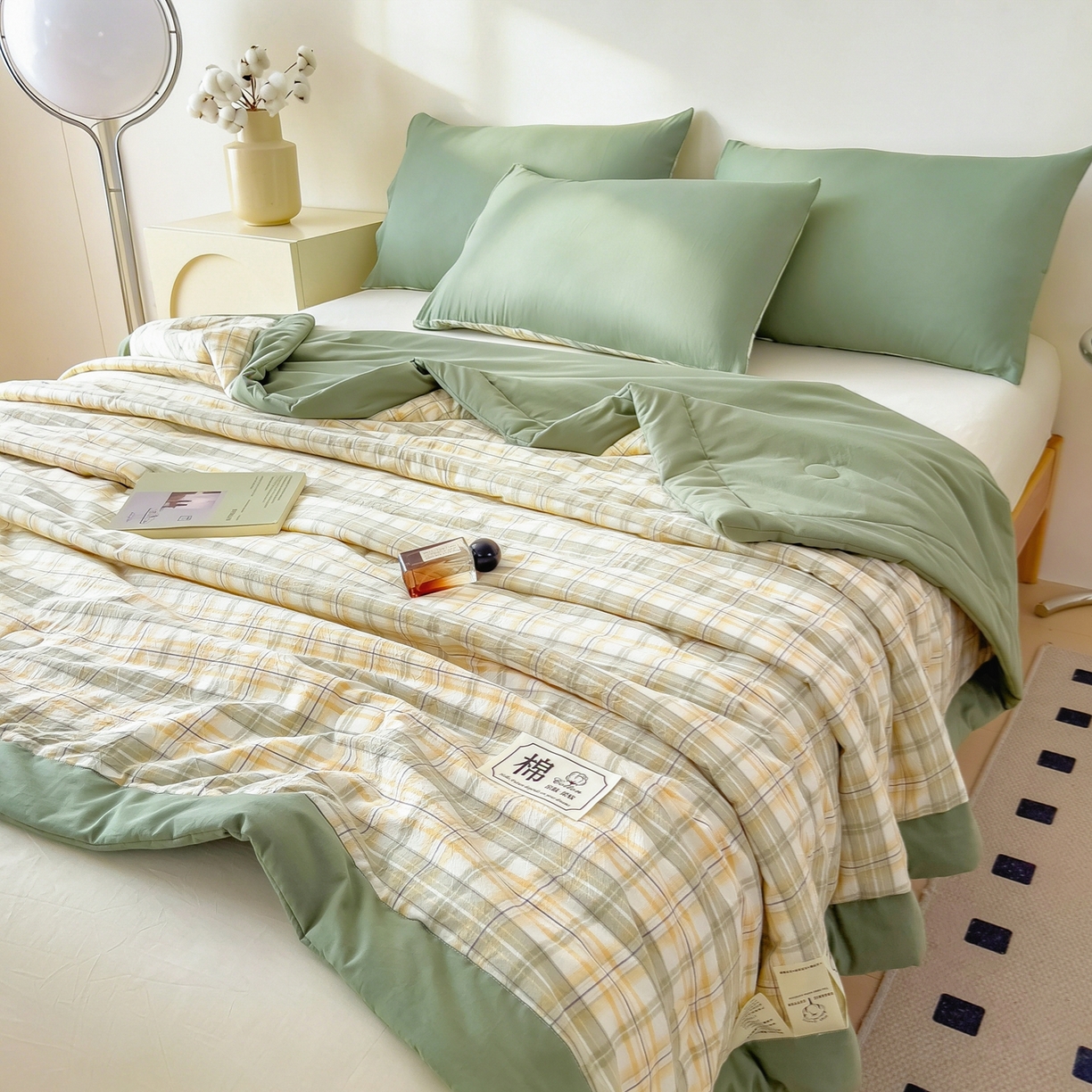 91家纺网 家纺一手货源 找家纺 好尚居 2026新款亲肤水洗棉格子夏被夏凉被空调被 翠绿格