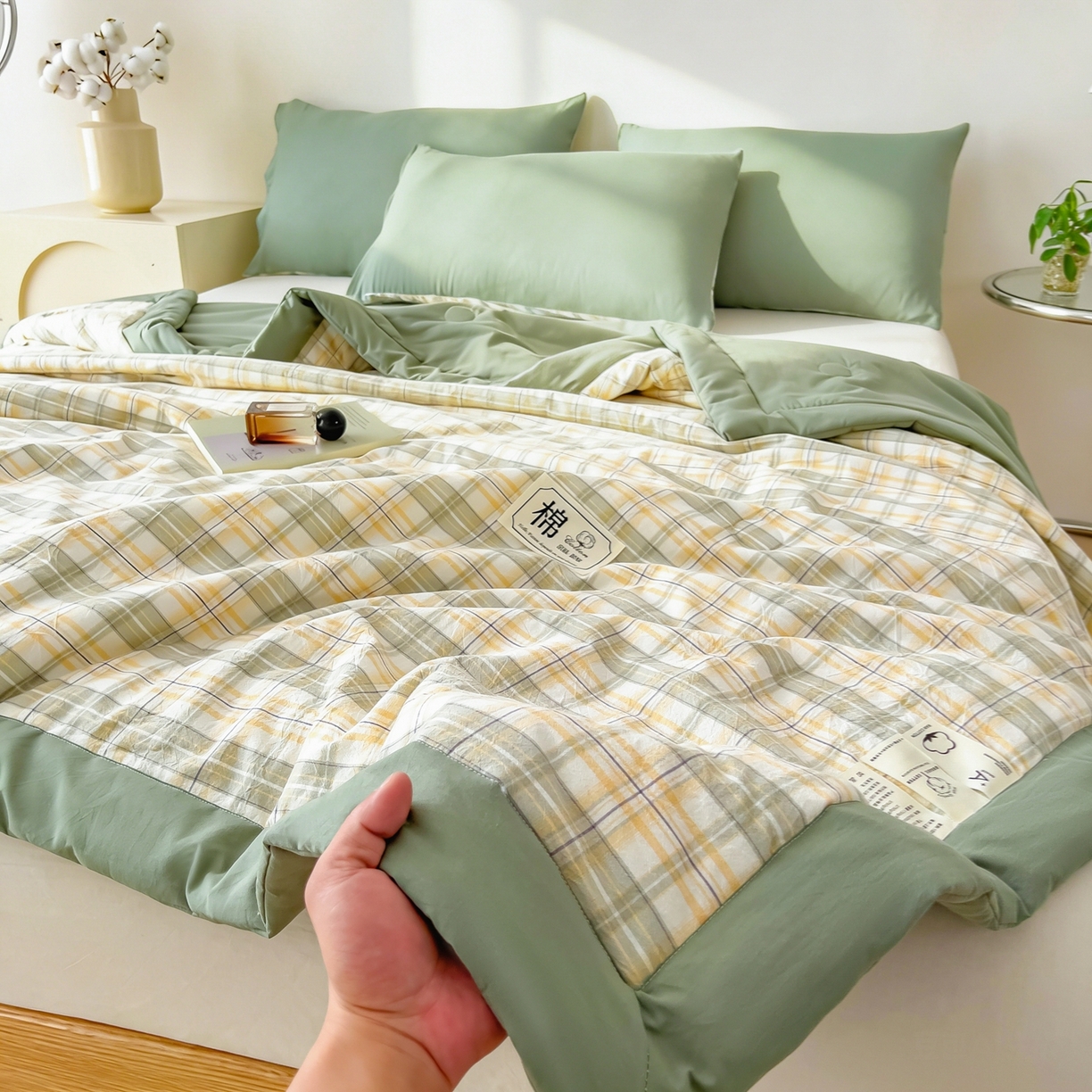 91家纺网 家纺一手货源 找家纺 好尚居 2026新款亲肤水洗棉格子夏被夏凉被空调被 翠绿格
