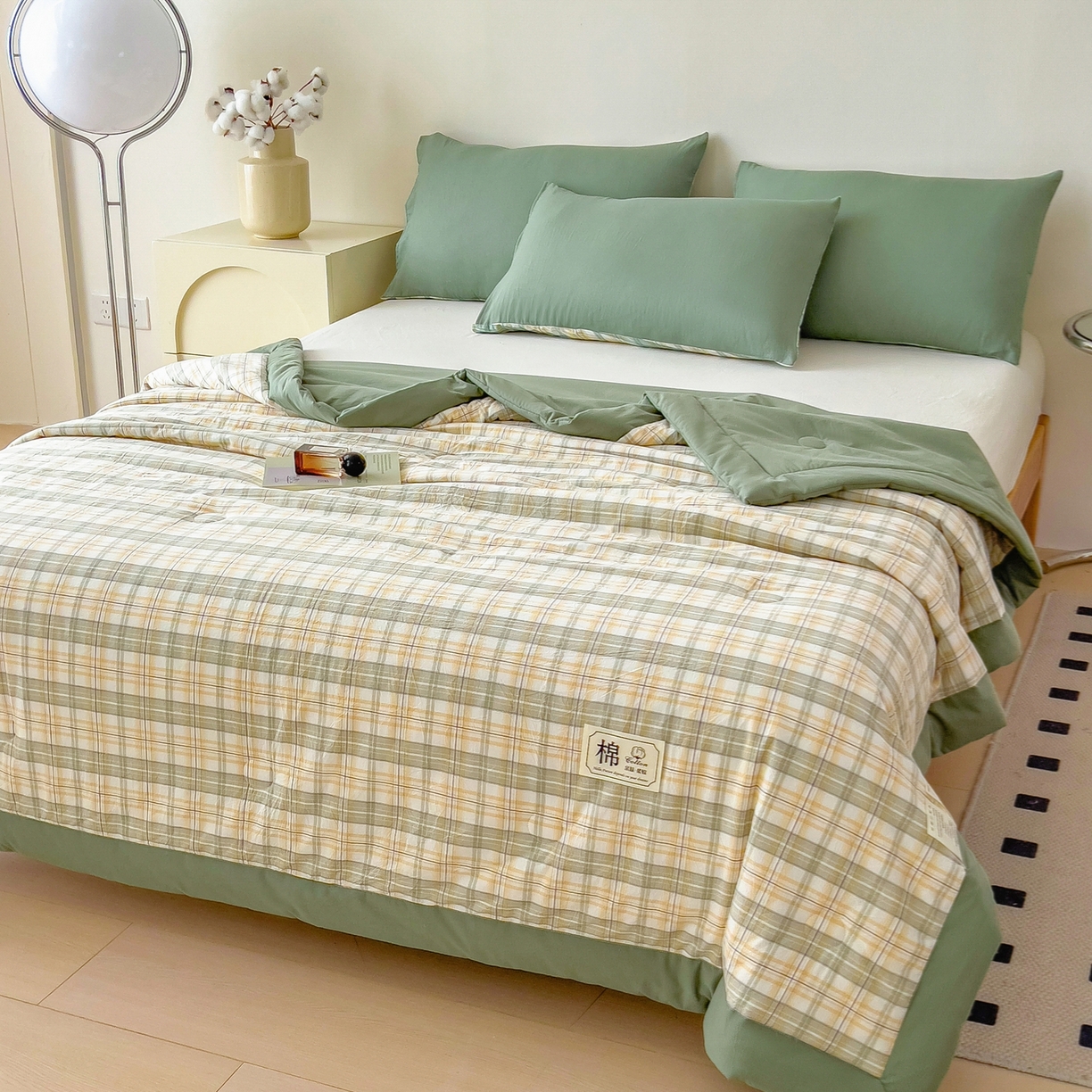 91家纺网 家纺一手货源 找家纺 好尚居 2026新款亲肤水洗棉格子夏被夏凉被空调被 翠绿格