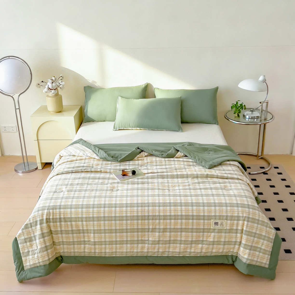 91家纺网 家纺一手货源 找家纺 好尚居 2026新款亲肤水洗棉格子夏被夏凉被空调被 翠绿格