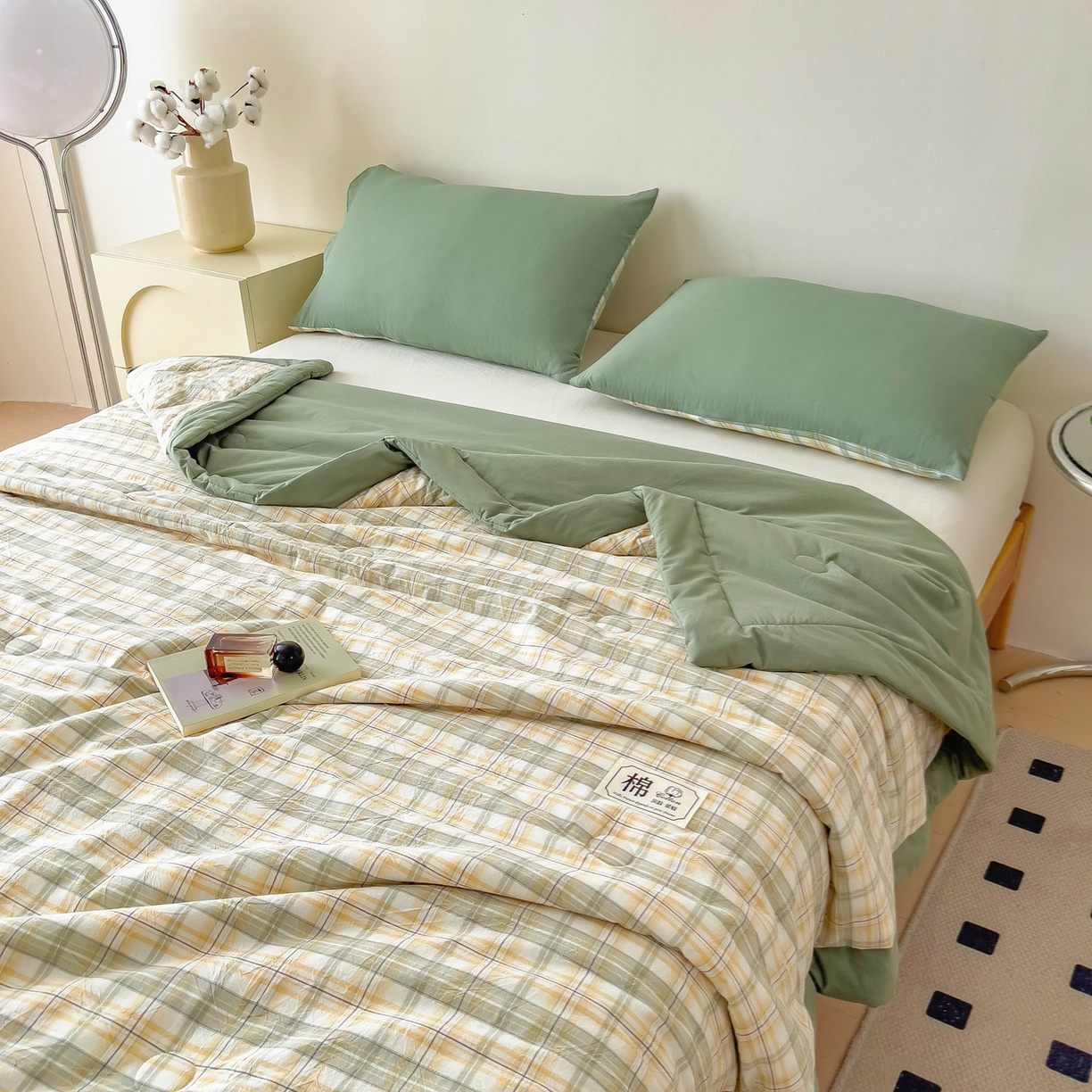91家纺网 家纺一手货源 找家纺 好尚居 2026新款亲肤水洗棉格子夏被夏凉被空调被 翠绿格