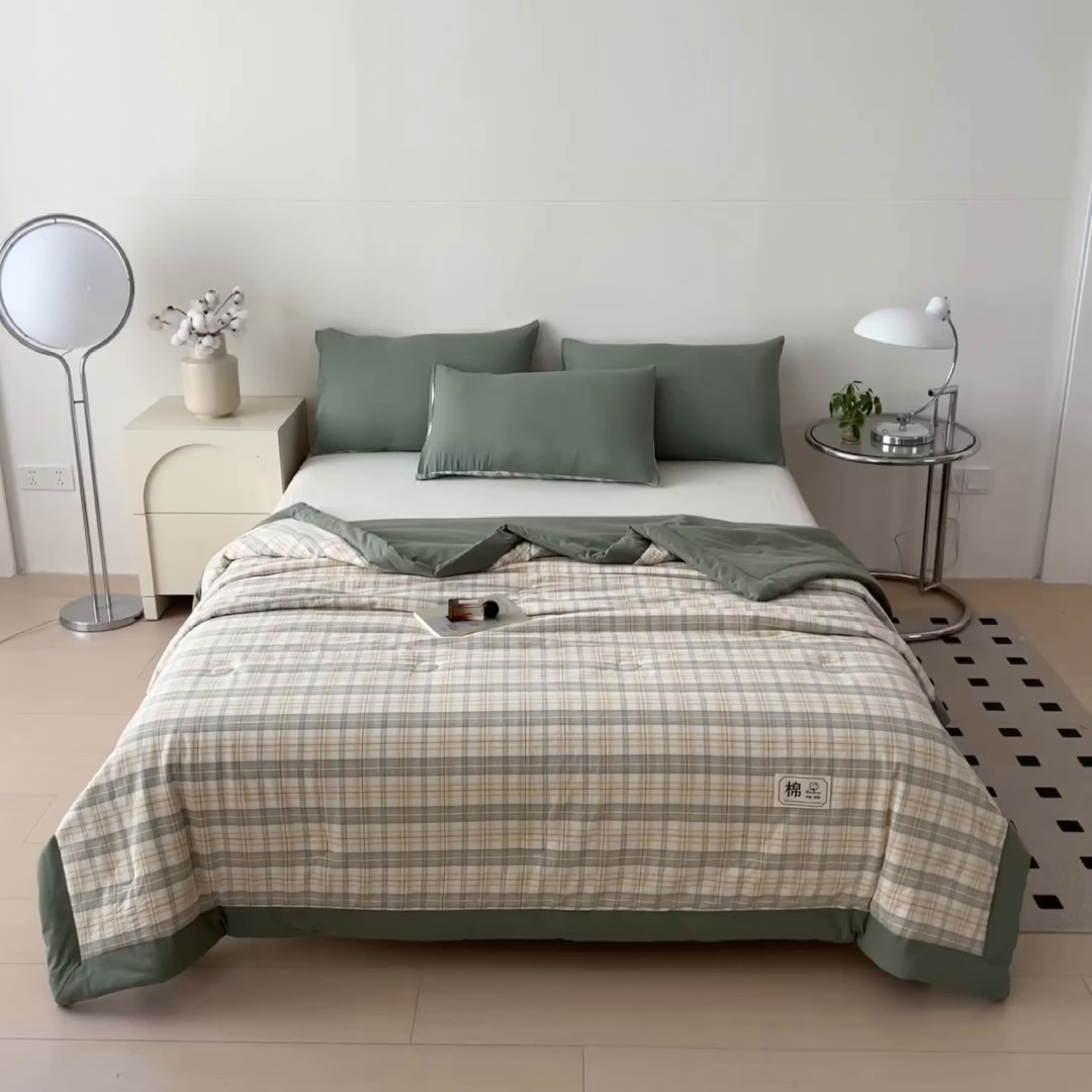 91家纺网 家纺一手货源 找家纺 好尚居 2026新款亲肤水洗棉格子夏被夏凉被空调被 翠绿格