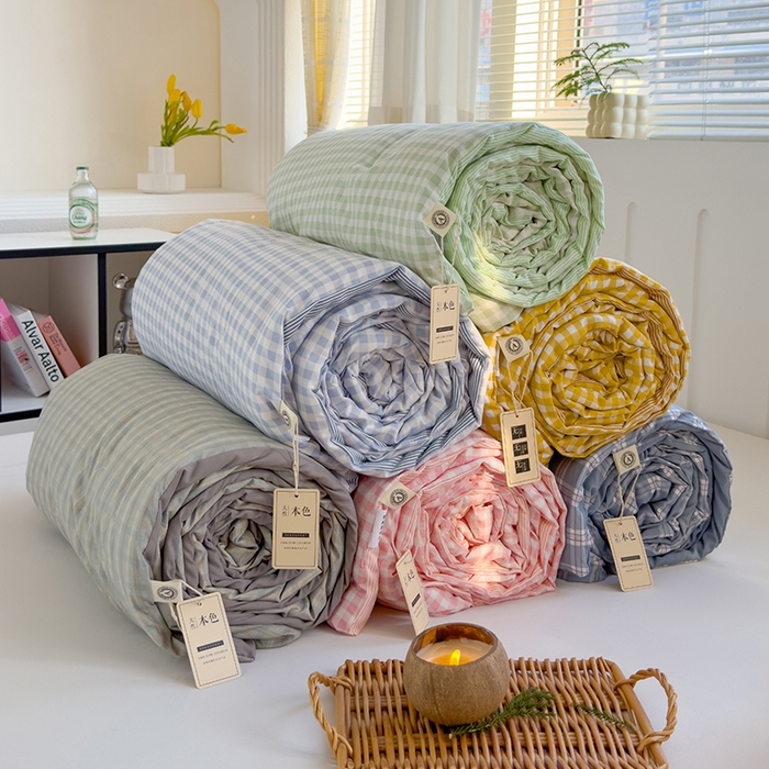 91家纺网 家纺一手货源 找家纺 （总）桔禾家纺 2026新款水洗云朵棉无印风格子大豆夏被夏凉被空调被直播爆款