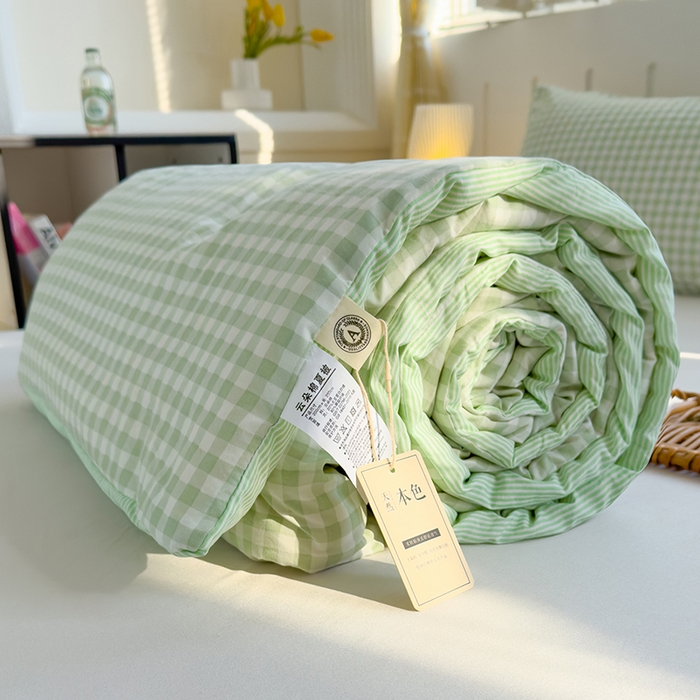 桔禾家纺 2026新款水洗云朵棉无印风格子大豆夏被夏凉被空调被直播爆款 緑小格