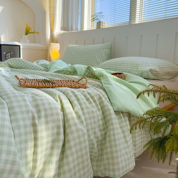 91家纺网 家纺一手货源 找家纺 桔禾家纺 2026新款水洗云朵棉无印风格子大豆夏被夏凉被空调被直播爆款 緑小格