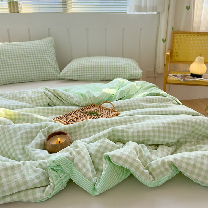 91家纺网 家纺一手货源 找家纺 桔禾家纺 2026新款水洗云朵棉无印风格子大豆夏被夏凉被空调被直播爆款 緑小格