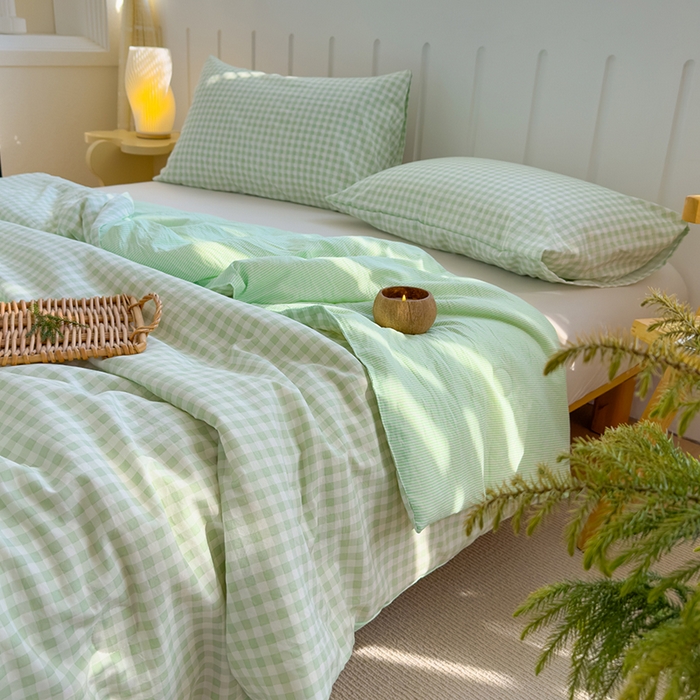 91家纺网 家纺一手货源 找家纺 桔禾家纺 2026新款水洗云朵棉无印风格子大豆夏被夏凉被空调被直播爆款 緑小格